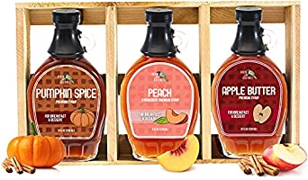 Green Jay Gourmet Syrup Fall Gift Set - Peach Syrup, Apple Butter Syrup, Pumpkin Spice Syrup - Premium Breakfast Syrups - All-Natural Pancake Syrup & Dessert Syrup - 8 Ounces, Set of 3
