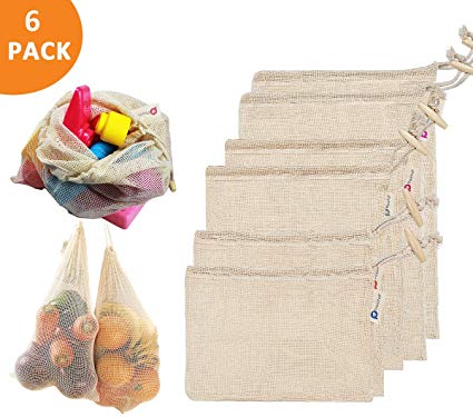 Reusable Mesh Produce Bags (Set of 6) Unbleached Cotton - with Drawstring and Tare Weight. (Cotton, 2Larges,2Mediums,2Smalls)