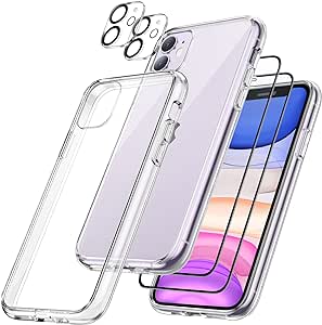 JETech 5 in 1 Case for iPhone 11 6.1-Inch, with 2-Pack Screen Protector and 2-Pack Camera Lens Protector, Non-Yellowing, Full Coverage Tempered Glass Film, Shockproof Bumper Phone Cover (Clear)