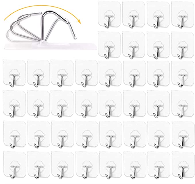 LXS 40PCS Adhesive Hooks for Hanging | Transparent Reusable Sticky Seamless Self Adhesive Hook | Waterproof Heavy Duty (22 lb/ 10kg) | Hooks for Wall Bathroom Shower Outdoor Kitchen | Wall Hooks