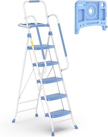 HBTower 5 Step Ladder with Handrails, Folding Step Stool with Tool Platform, 330 LBS Portable Steel Ladder for Adults for Home Kitchen Library Office, Blue…