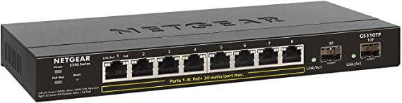 NETGEAR 10-Port Gigabit Ethernet Smart Managed Pro PoE Switch (GS310TP) - with 8 x PoE  @ 55W, 2 x 1G SFP, Desktop, Fanless Housing for Quiet Operation, S350 Series