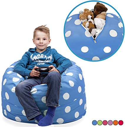 Stuffed Animal Storage Bean Bag Chair in Ocean Blue with White Polka Dots. FILL IT, ZIP IT AND SIT IN IT! Clean Up the Room in Style AND Get Yourself a Premium 95” Bean Bag Chair For Free!