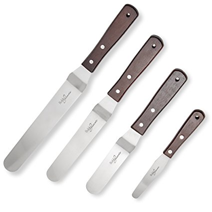 Offset Angled Cake Icing Spatula Knives - Set of 4 - By Bobbi Jeans | Wooden Handle & Stainless Steel Decorating and Baking Supplies - 4", 6", 8" & 10"