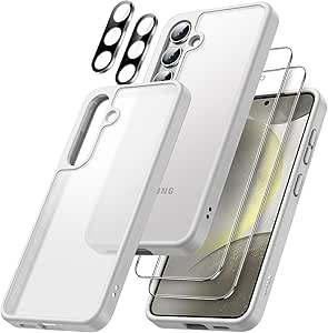 JETech 5 in 1 Matte Case for Samsung Galaxy S24 5G with 2-Pack Screen Protector and Camera Lens Protector, Translucent Back Protective Phone Cover, Tempered Glass Film (Silver)