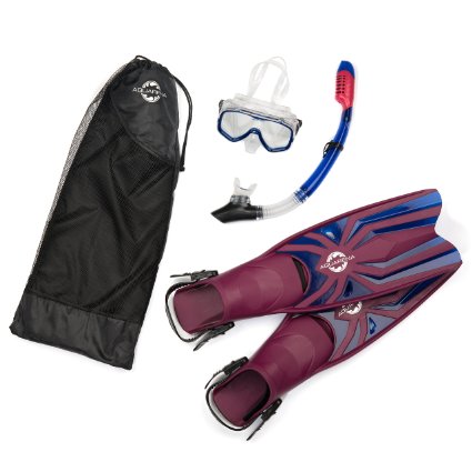 Snorkel Gear Set By Aquarena - Premium Durable Materials In Maroon and Blue Colors-Included Are Dry Top Snorkel Fins and Tempered Diving Mask-Adjustable and Easy To Use For Professionals Beginners SnorkelingSpearfishingScubaDivers