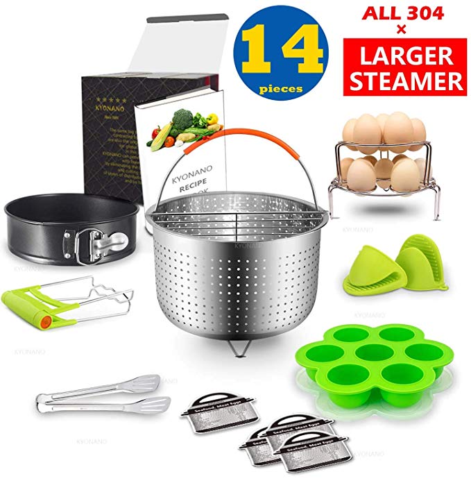Kyonano 14 Pcs Accessories Compatible with Instant Pot 5,6,8QT, Include Steamer Basket, Springform Pan with Insert Divider, 2 Egg Steamer Racks, 4 Cheat Sheet Magnets, Egg Bites Mold, Tong, Plate Gripper, Silicone Gloves