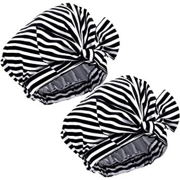 2 Pieces Shower Caps Waterproof Stripe Bath Caps Bowknot Shower Cap for Women Girls, Black and White