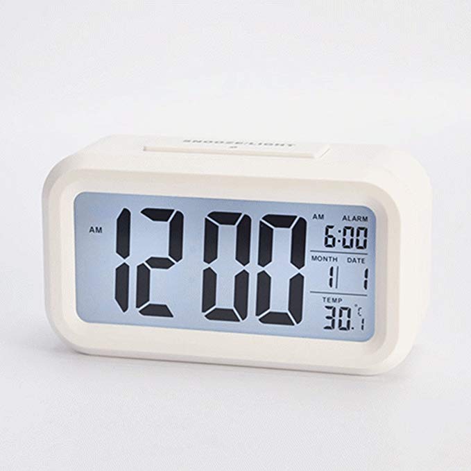5.3" Smart, Simple and Silent Alarm Clock w/ Date Display, Repeating Snooze, Sensor Light   Night Light (White night light, White)