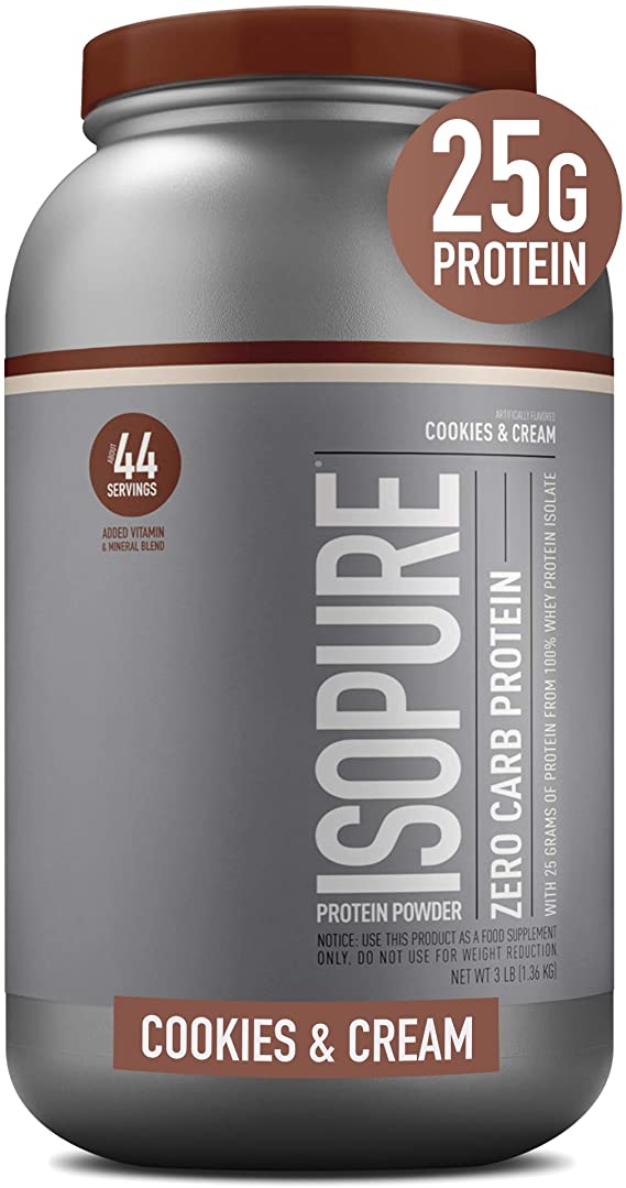 Isopure Zero Carb Protein Powder, 100% Whey Protein Isolate, Flavor: Cookies & Cream, 3 Pounds (Packaging May Vary)