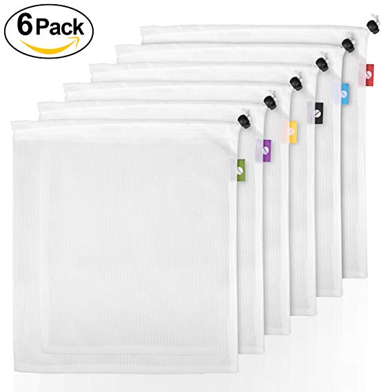 Produce Bags, Foonii 6pcs Mesh Reusable Dacron Produce Bags, with Tare Weight on Tags, Natural Lightweight See Through Transparent for Shopping, Transporting and Storing Fruits and Veggies (White)
