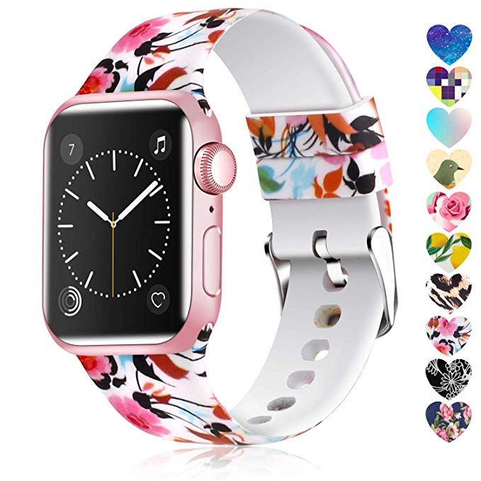 Moretek Colorful Band Compatible for Apple Watch 38mm 42mm 40mm 44mm,Soft Silicone Sport Replacement Strap for iWatch Series 5 4 3 2 1, Nike , Edition Women Men (Flower 12, 42/44mm)
