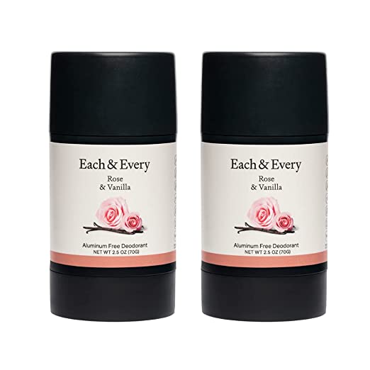 Each & Every 2-Pack Natural Aluminum-Free Deodorant for Sensitive Skin with Essential Oils, Plant-Based Packaging, Rose & Vanilla, 2.5 Oz.