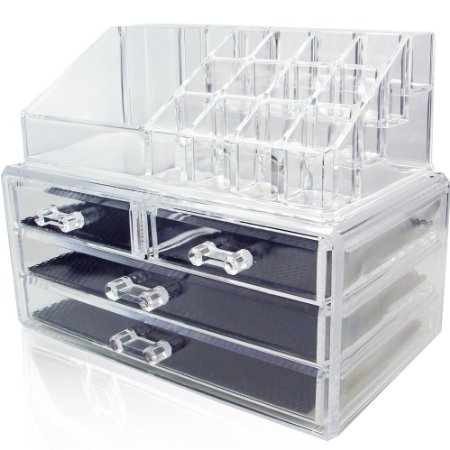 Unique Home Acrylic Jewelry and Cosmetic Storage Makeup Organizer Clear Medium 2 Piece