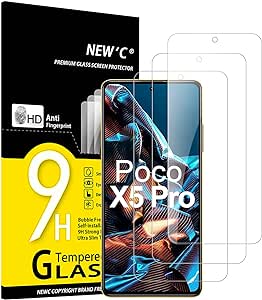 NEW'C 3 Piezas, Protector Pantalla para Xiaomi Poco X5 Pro 5G (6.67"), Cristal templado Antiarañazos, Antihuellas, Sin Burbujas, Dureza 9H, 0.33 mm Ultra Transparente, Ultra Resistente