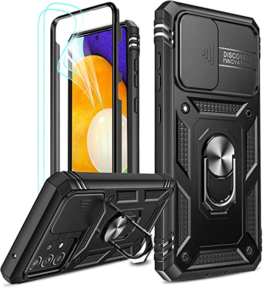 Galaxy A52 5G Case, Samsung A52 5G Case with Slide Camera Cover   [2 Pack] HD Screen Protector, LeYi 360 Full Body Military-Grade Phone Case with Kickstand for Samsung Galaxy A52 5G, Black