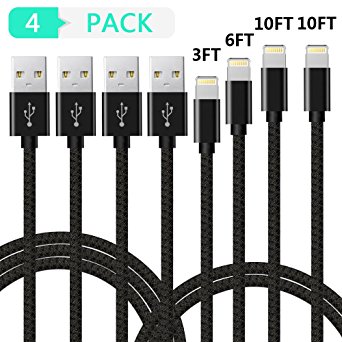 Lightning Cable, Liaointec 3ft 6ft 2x10ft Nylon Braided iPhone Charger, 4packs Lighting USB Cable Long Cord for iPhone X/8/8Plus/7/7Plus/6s/6s Plus/6/6Plus/5/5S/5C/SE/iPad/iPod (Black Grey)