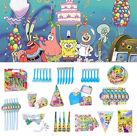 Nidezon SpongeBob Party Supplies Set-100 Pieces SpongeBob Birthday Decoration Shower Decorations Backdrop Banner Cake Topper Paper Hat Gift Bag Table Cloth- Serves 6 Guest