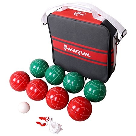 Harvil 100mm Bocce Ball Set. Includes 8 Poly-Resin Balls, 1 Pallino, 1 Nylon Zip-Up Carrying Case and Measuring Rope.