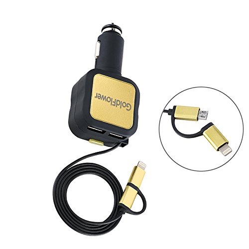 Car Charger,GoldFlower 4.8A/24W 2 Smart Port Car Charger with 3ft Long Retractable cord 2 in 1 Charging Connector Compatible to iPhone 6S/6s Plus,Galaxy S6 / S6 Edge Portable(Black-gold)