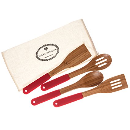 The Kitchen Love Bamboo Utensil Set, Eco-friendly, Naturally Germ-resistant with Hanging Storage Holes and Colorful Silicone Ergonomic Handles (Red)