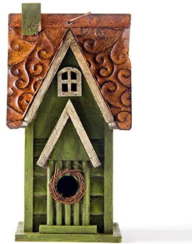 Glitzhome Tall Green Hand Painted Wood Birdhouse, 11.93"