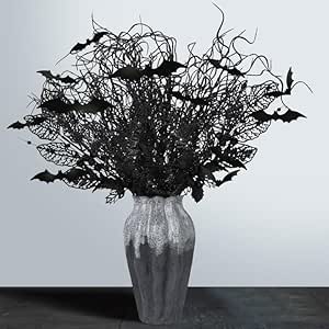 24 Pcs Artificial Halloween Branches Picks Ornaments with 12 Pcs Bats- Fake Black Berry & Flowers Stems Curly Willow Branches- Faux Glitter Black Floral Twig Stems Sticks for Halloween Xmas Home Decor