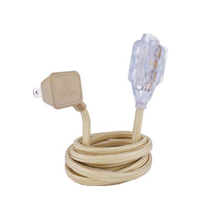 Globe Electric Designer Series 9ft Fabric Extension Cord, 3 Polarized Outlets, Right Angle Plug, 125 Volts, Gold, 22816