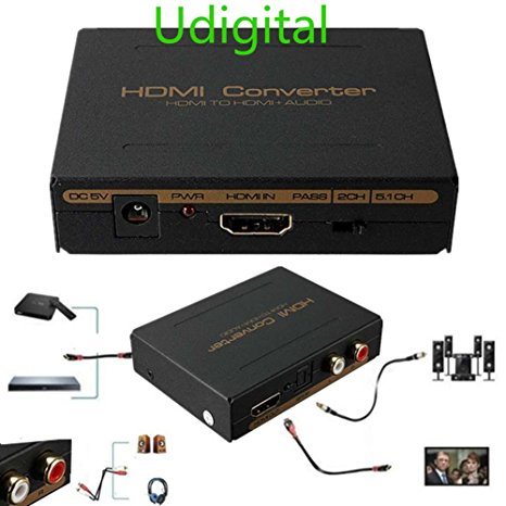 Udigital 1080P 3D HDMI Audio HDMI to HDMI   Optical SPDIF   RCA L / R Stereo Audio Video Splitter Converter(HDMI input,HDMI  Toslink/Analog Audio output)-Include AC Adapter