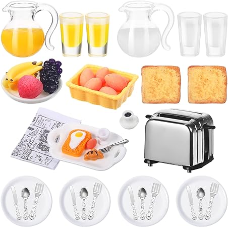 44 Pieces 1:12 Dollhouse Miniature Breakfast Kitchen Accessories Mini Toast Machine Bread Juice Milk Eggs Cups Fruits Plates Knife Fork Spoons for Dollhouse Kitchen Scene and Cake Topper Decor