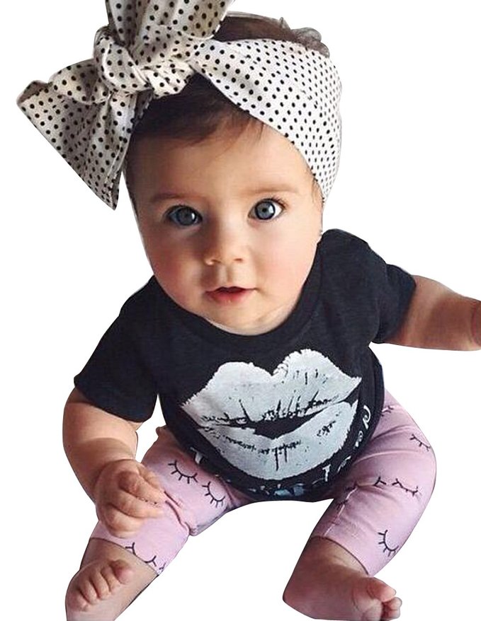 Little Girls Lip Print Top with Pink Leggings, Outfits Clothes Set