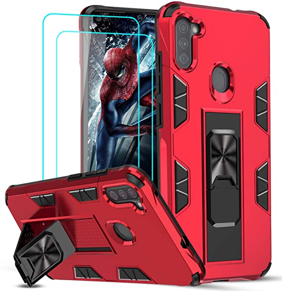 Samsung A11 Case, Samsung Galaxy A11 Case with Tempered Glass Screen Protector [2Pack], LeYi Military-Grade Shockproof Built-in Kickstand Magnetic Car Mount Protective Cover Case for Galaxy A11, Red