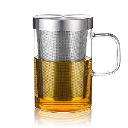 Teocera Tea Brewing Cup with Tea Infuser & Strainer - Clear Glass Tea Mug Cup with Handle, Stainless Steel Infuser and Lip, Perfect for Tea Lovers | Mesh Filter for Brewing Loose Leaf