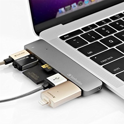 Verbatim Aluminum Thunderbolt 3 USB Type-C Hub Adapter Dongle for 2016 MacBook Pro 13” & 15”. 1 Year Limited Warranty. Most Compact, Fastest 50Gbs TB3 USB-C Hub. TB3, USB-C, microSD/SD, 2 x USB 3.1