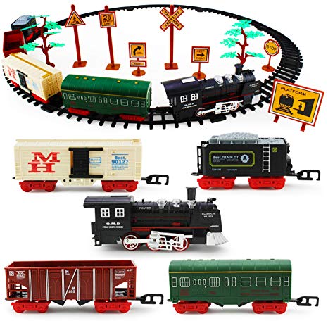 Boley Classic American Model Train Set - Play Toy Train Set with Tracks, Lights, Sounds, Road Signs, and Trees - 56 Pieces