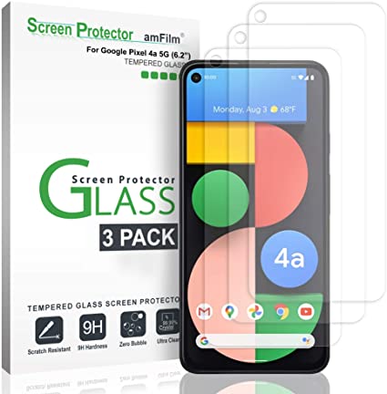 amFilm (3 Pack) Screen Protector for Google Pixel 4a 5G (6.2 Inch), Case Friendly (Easy Install) Tempered Glass Film (2020)
