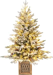 Goplus 4 FT Pre-lit Entrance Christmas Tree, Artificial Snow Flocked Xmas Tree with 231 Branch Tips, 100 LED Lights, 15 Pine Cones & Vintage Base, for Home Office Decor