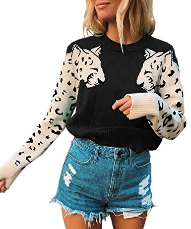 Angashion Women's Sweaters Casual Leopard Printed Patchwork Long Sleeves Knitted Pullover Cropped Sweater Tops