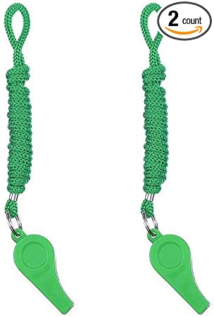 Giveet 2 Pieces Green Whistle with Lanyards, Durable Plastic Whistle for Indoor Outside Party Sports