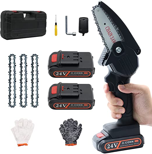 Mini Chainsaw, O-CONN Cordless 4 Inch Electric Portable Handheld Chainsaw with 2 batteries 3 chains 2 gloves, Battery Powered with Safety Lock, for Tree Trimming and Branch Wood Cutting