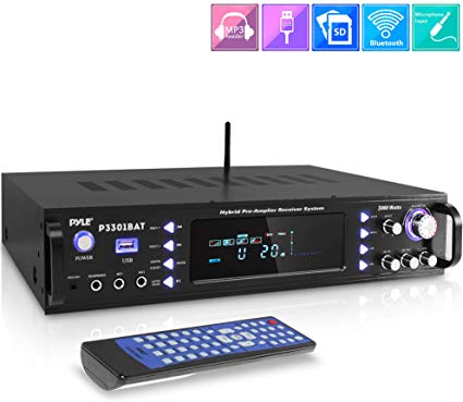 Wireless Bluetooth Home Stereo Amplifier - Hybrid Multi-Channel 3000 Watt Power Amplifier Home Audio Receiver System w/AM/FM Radio, MP3/USB,AUX,RCA Karaoke Mic in - Rack Mount, Remote - Pyle P3301BAT