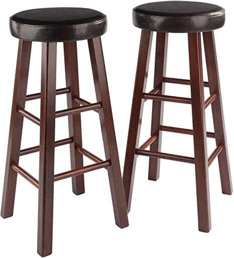 Winsome Wood Marta Assembled Round Bar Stool with PU Leather Cushion Seat and Square Legs, 29-Inch, Set of 2