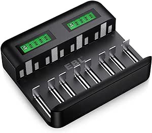 EBL LCD Rechargeable Battery Charger - 8 Bay AA AAA C D Battery Charger for Rechargeable Batteries Ni-MH AA AAA C D Batteries with 2A USB Port, Type C Input