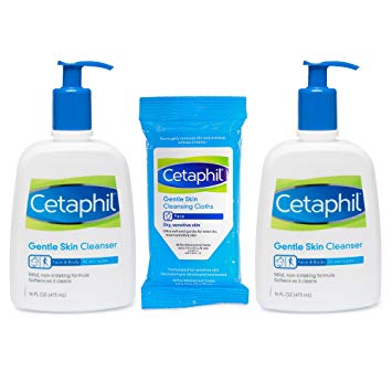 Cetaphil Gentle Cleanser Combo Twin Pack with 10 count Facial Wipes for All Skin Types, 16.0 Ounce, 3 Count