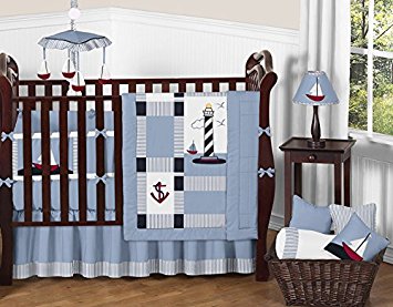 Sweet Jojo Designs Come Sail Away Nautical Sail Boat Blue and white Baby Boy Bedding 9pc Crib Set