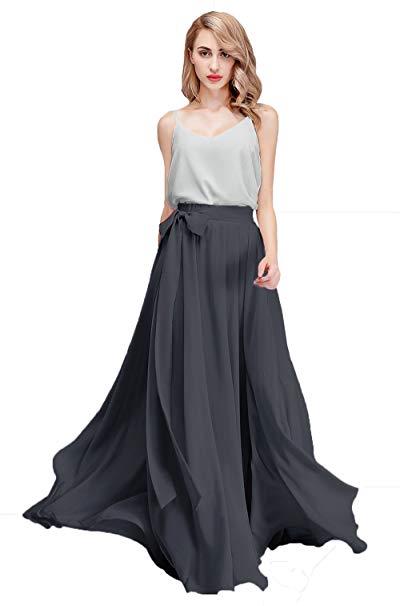 honey qiao Chiffon Maxi Skirt Bridesmaid Dresses Long High Waist Floor Ankle Length Elastic Women Dresses with Belt
