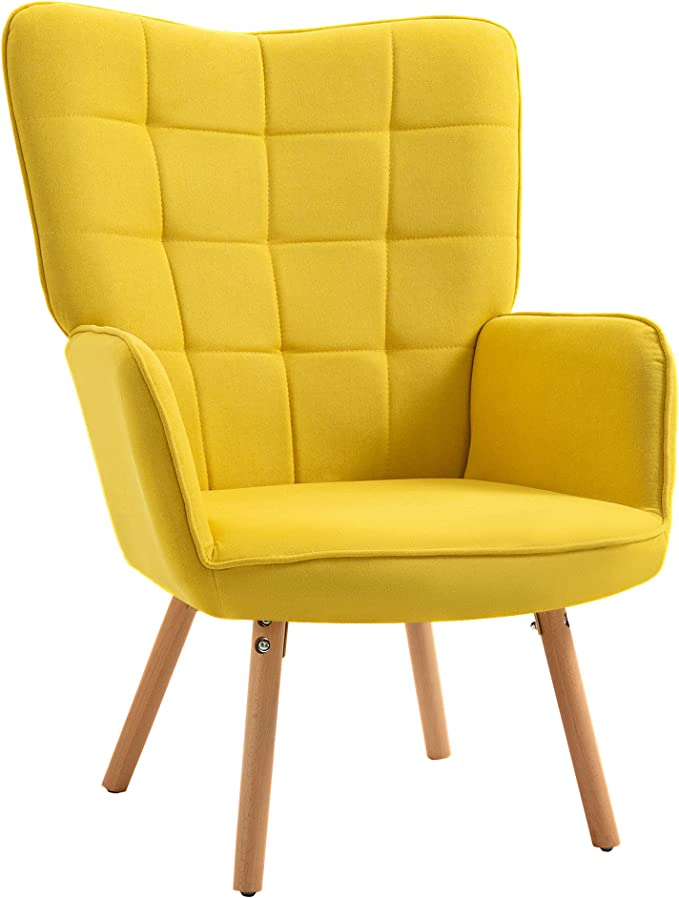 HOMCOM Fauteuil Relax Fauteuil scandinave Fauteil de Salon Chambre Dossier capitonné piètement en Bois revêtement Lin Jaune