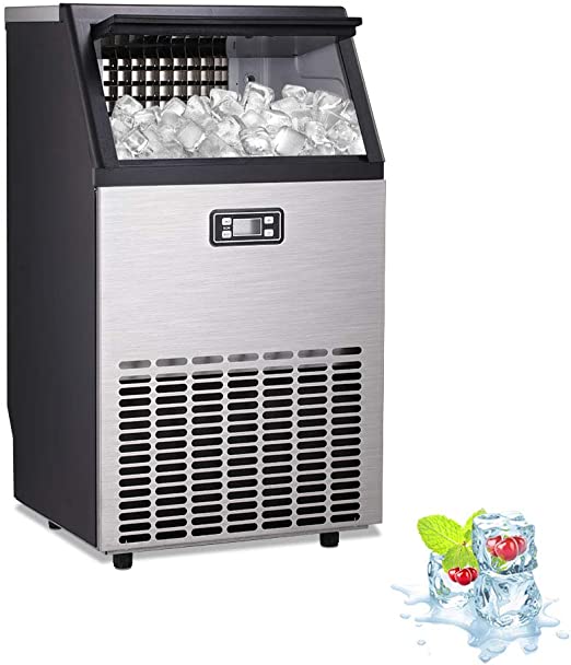 Kismile Commercial Ice Maker Machine,Freestanding Ice Cube Maker Makes 100 lbs /24 hrs with 33 Pounds Storage Capacity,Ideal for Restaurants,Bars,Homes and Office Includes Scoop and Connection Hose