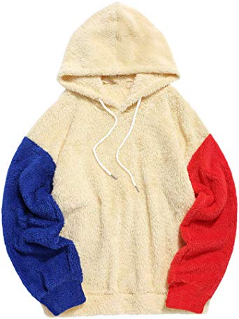 ZAFUL Color Blocking Fuzzy Hoodie Unisex Men Sherpa Pullover Loose Fluffy Sweatshirt