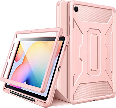 MoKo Case Fit Samsung Galaxy Tab S6 Lite 10.4 2022 (SM-P613/P619) & 2020 (SM-P610/P615), [Built-in Screen Protector] Full-Body Trifold Stand Cover Case with Auto Sleep/Wake & Pencil Holder - Rose Pink